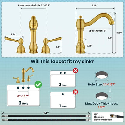gotonovo 8 Inch Widespread Bathroom Faucets for Sink 3 Hole 2 Lever Handle Deck Mount with Pop Up Drain Hot and Cold Water Supply Lines Brushed Gold