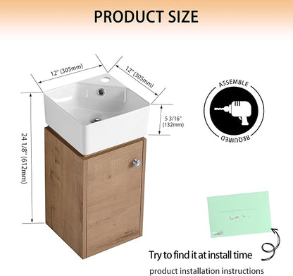 12" Bathroom Vanity with Sink, 12 Inch Floating Bathroom Vanity for Small Space, Modern Bathroom Vanity, Brown Wall Mounted Cabinet Set