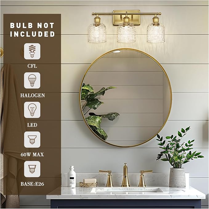 zeyu 21 Inch Bathroom Wall Sconce, 3 Light Sconces Wall Lighting Over Mirror, Brushed Gold Finish with Clear Hammered Glass, ZJF63B-3W BG