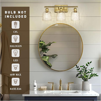 zeyu 21 Inch Bathroom Wall Sconce, 3 Light Sconces Wall Lighting Over Mirror, Brushed Gold Finish with Clear Hammered Glass, ZJF63B-3W BG