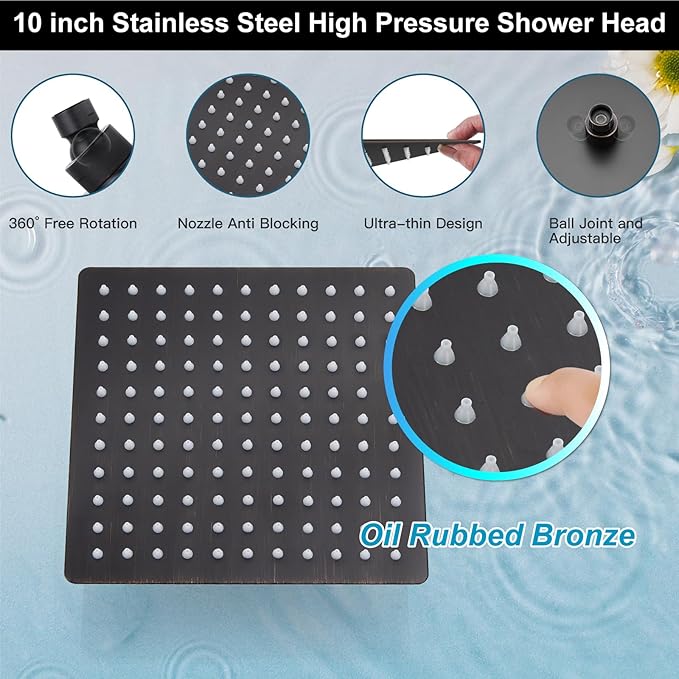 Midanya Shower Faucet Set,Wall Mount Shower System with Square Rain Shower Head and Hand Sprayer, Rough-in Valve Body and Trim Kit Included,10 Inch,Oil Rubbed Bronze