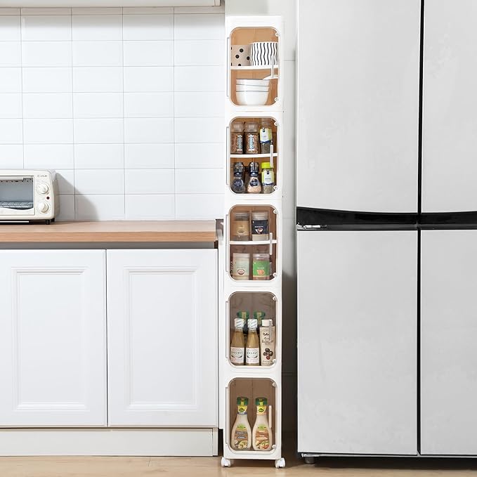 Narrow Bathroom Storage Cabinet with Wheels, 4-Tier Plastic Slim Cabinets with Adjustable Shelves for Small Spaces,Bathroom, Kitchen, Milky White