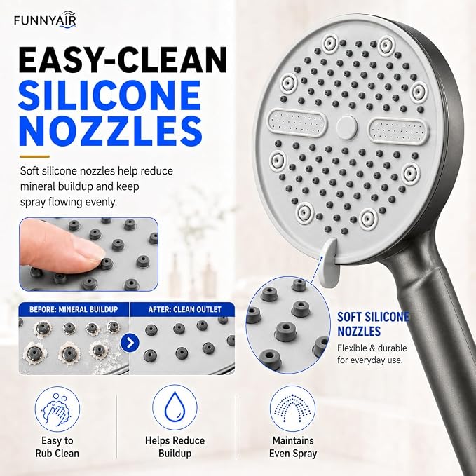 High Pressure Shower Head, Stick-on Low Mount Wall Bracket, Grey | 5 Spray Modes, Water-Saving, 360° Adjustable Bracket, For Low Water Pressure Home, RV, Bathroom, Fix Firmly Kid-Friendly