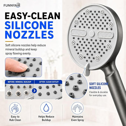 High Pressure Shower Head, Stick-on Low Mount Wall Bracket, Grey | 5 Spray Modes, Water-Saving, 360° Adjustable Bracket, For Low Water Pressure Home, RV, Bathroom, Fix Firmly Kid-Friendly