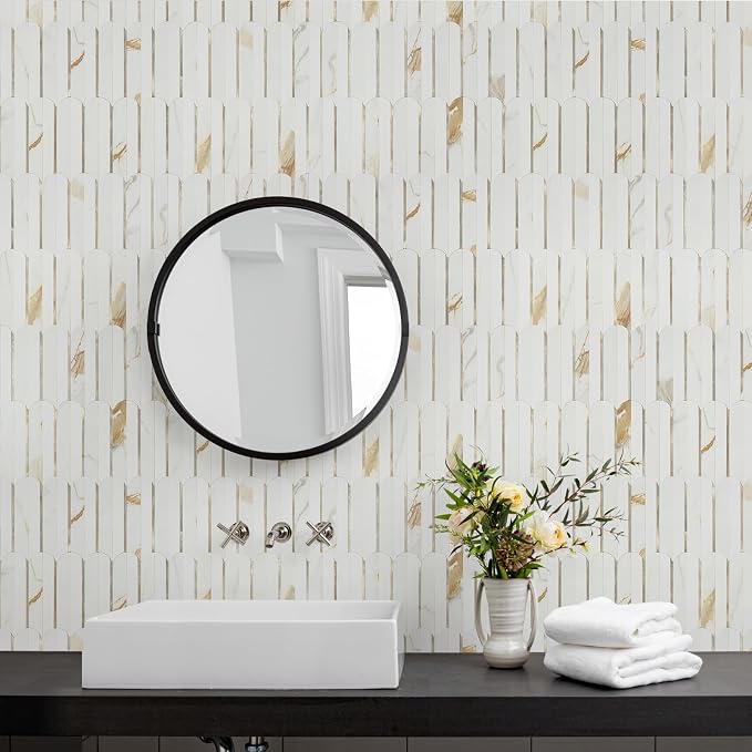 Vamos Tile Peel and Stick Backsplash Seamless Tile,Fish Scale,10 Sheets | Stick on Backsplash for Kitchen & Bathroom,Calacatta Gold+White PVC +Light Gold Self Adhesive Backsplash Tile,11.9''x10.8''