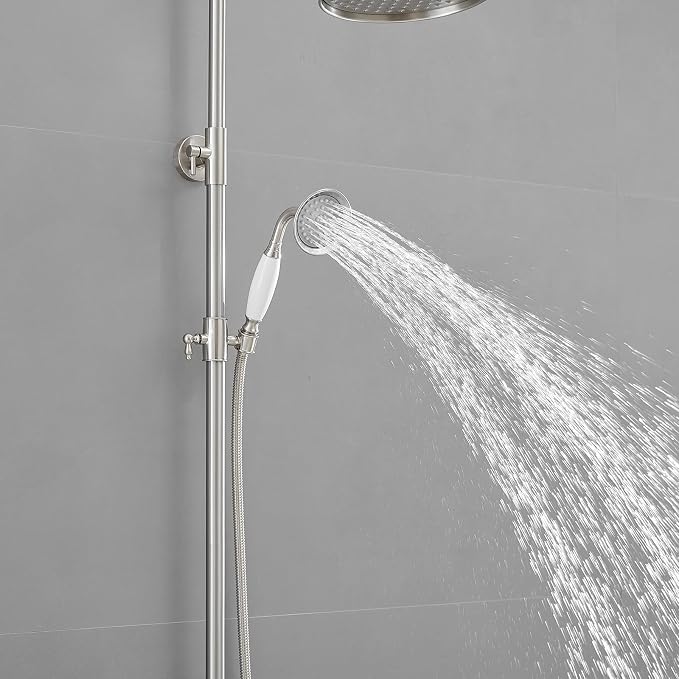 Exposed Shower System,Outdoor Shower Kit,Brushed Nickel | 8 Inch Rain Shower Head Sprayers,Handheld Shower Head & Tub Spout,Solid Brass,Dual Handle,High Pressure,Wall Mounted