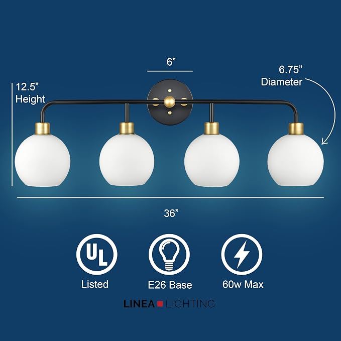 Lukasa Modern Bathroom Vanity Lights Fixtures 4-Lights Over Mirror Lighting Matte Black and Gold Vanity Lights for Bathroom Light Fixtures Frosted Glass Covers, UL Listed