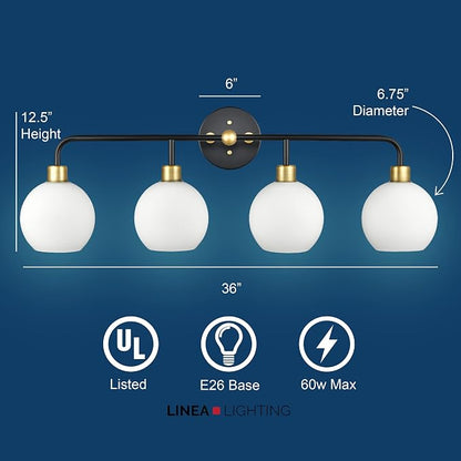 Lukasa Modern Bathroom Vanity Lights Fixtures 4-Lights Over Mirror Lighting Matte Black and Gold Vanity Lights for Bathroom Light Fixtures Frosted Glass Covers, UL Listed