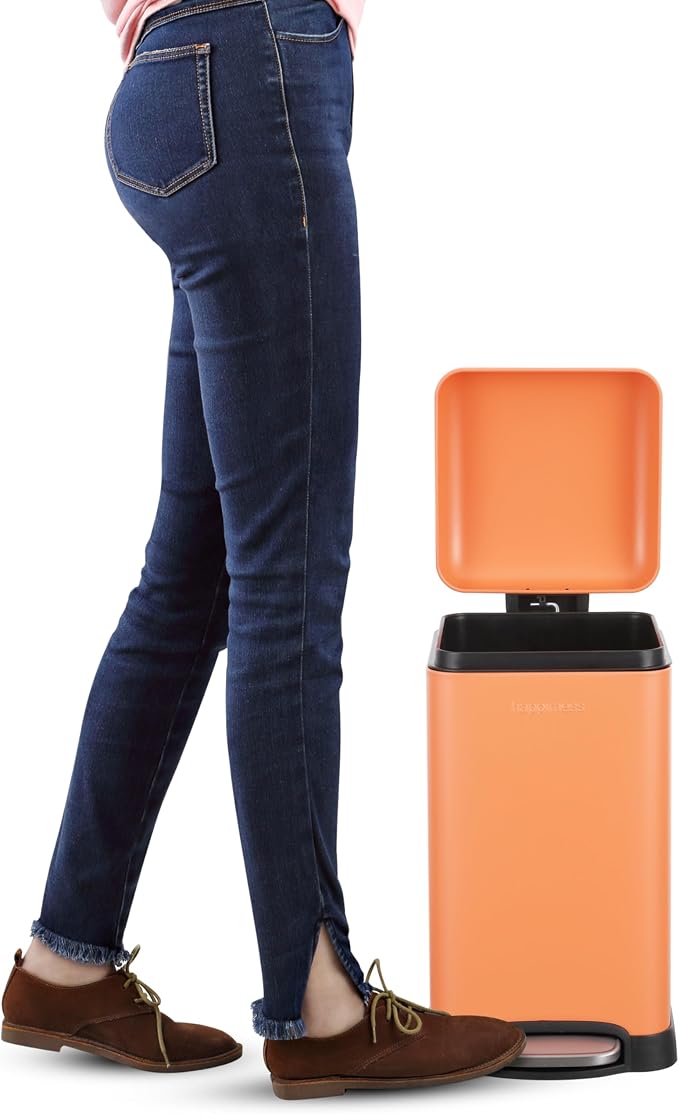 happimess Betty Retro Mini 3.2 Gal Step Trash Can, Carrot Cake | Soft-Close Lid, Removable Liner, Iron, Hands-Free Pedal, Satin Finish, Non-Skid Base, Built-In Damper, Modern, Minimalistic