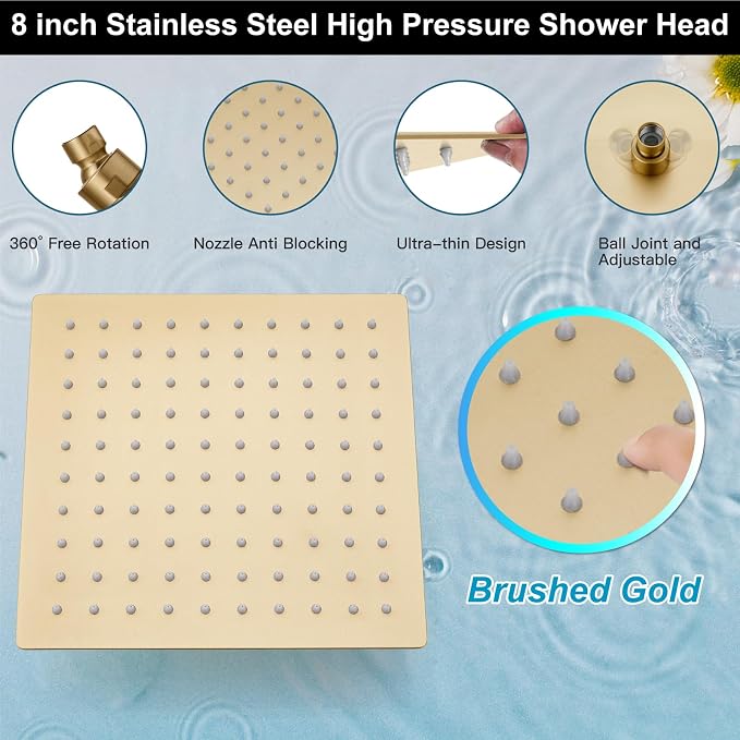 Midanya Shower Faucet Set with Handheld Sprayer,8 Inch,Brushed Gold | Rough-in Shower Valve and Trim Kit Included,Square Rain Head,Wall Mount Shower System,All Metal,Bathroom