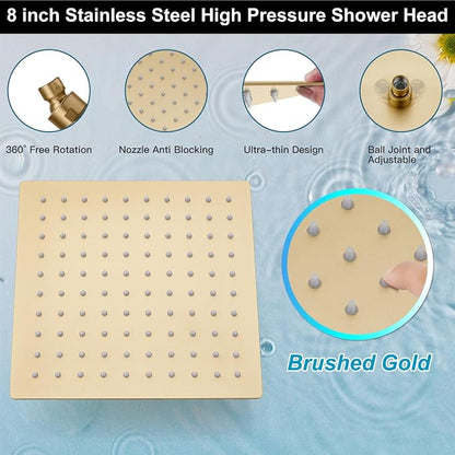 Midanya Shower Faucet Set with Handheld Sprayer,8 Inch,Brushed Gold | Rough-in Shower Valve and Trim Kit Included,Square Rain Head,Wall Mount Shower System,All Metal,Bathroom