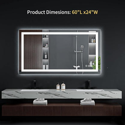 24"x60" LED Bathroom Mirror with Lights, Anti-Fog, Backlit+Frontlit | CRI 95, Stepless Dimmable, 3 Colors Lighting, Shatterproof Tempered Glass, HD Reflection, Memory, (Horizontal/Vertical)