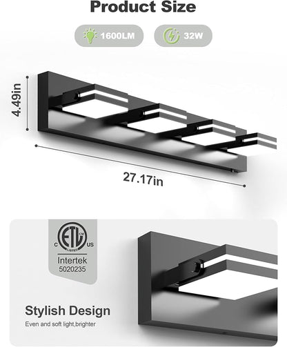VOLISUN 4 Light Bathroom Vanity Light, 27.16 inch Dimmable Bathroom Light Fixtures Over Mirror, 5 Color Temperatures, 180°Rotatable Head, Black LED Vanity Lights for Bathrooms-ETL Certificated