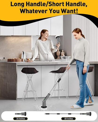 Electric Spin Scrubber for Bathroom, Shower Scrubber with Long Handle | Shower Cleaner Brushes, IPX7 Waterproof & 2 Speed, 3 Brush Heads, 90min Runtime, Bathroom Cleaning Supplies for Toilet Tub
