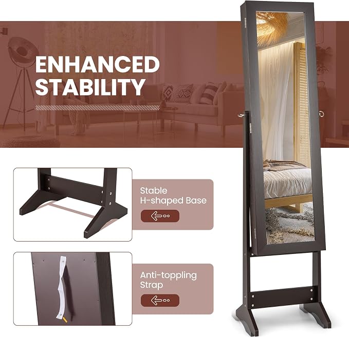MAT EXPERT Jewelry Armoire Cabinet w/Full-Length Mirror, Jewelry Organizer Standing Mirror w/ 4 Shelves, 3 Adjustable Angles, Anti-toppling Device, Jewelry Cabinet for Bedroom, Living Room, Espresso