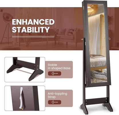 Giantex Jewelry Cabinet with Full-Length Mirror, Standing Jewelry Armoire Organizer with 64 Earring Slots, 20 Necklace Hooks, 72 Ring Slots, 4 Storage Shelves, 3 Angle Adjustable, Espresso