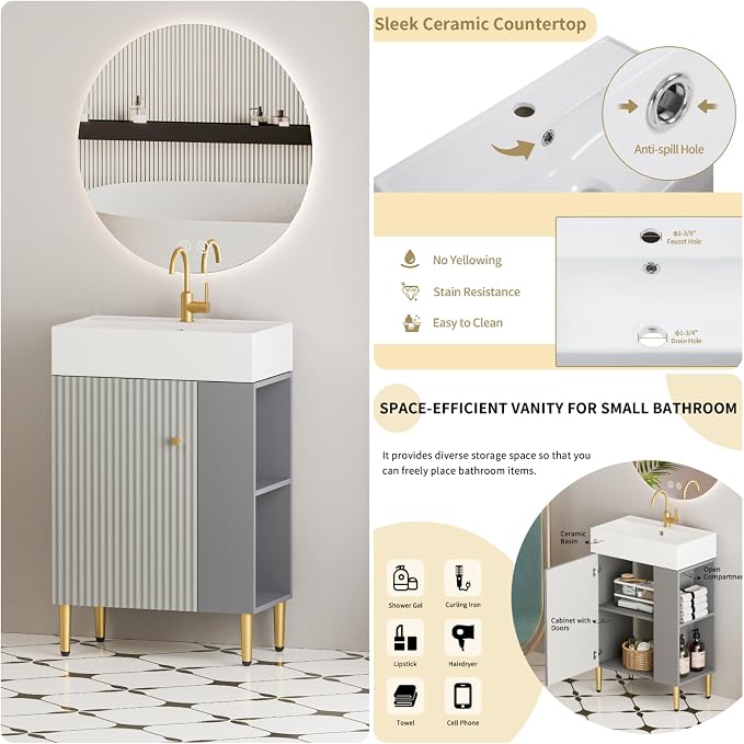 21.6" Freestanding Bathroom Vanity with Ceramic Sink, Matte Gray | Ceramic Sink, Wave-Pattern Door & Two-Layer Right Open Compartment, Bathroom Storage Cabinet, Easy Installation