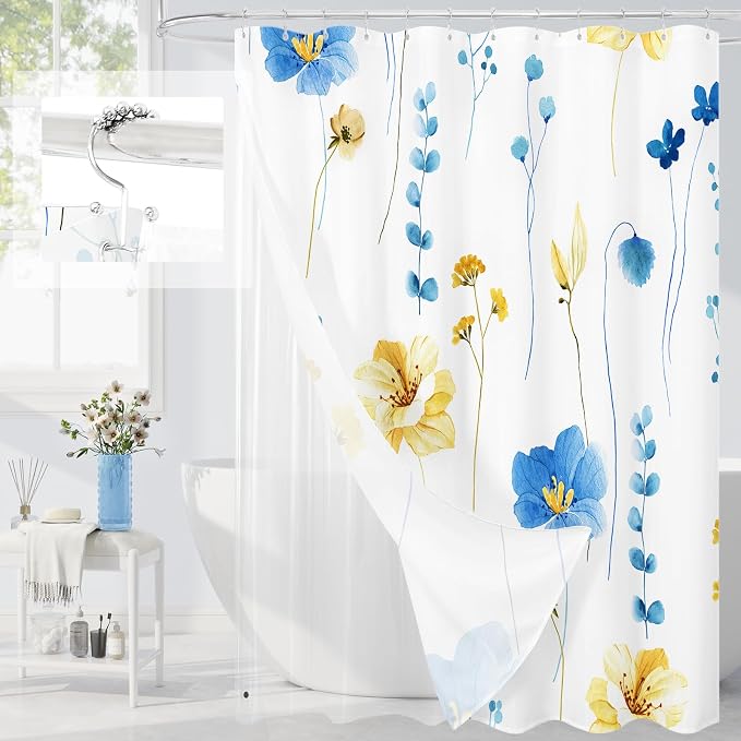 Long 3 in 1 Shower Curtain Set, 72x78 | Long 3 in 1 Shower Curtain Set, PEVA Liner Set & 12 Double Sided Steel Hooks, Waterproof Fabric Bathroom Curtain