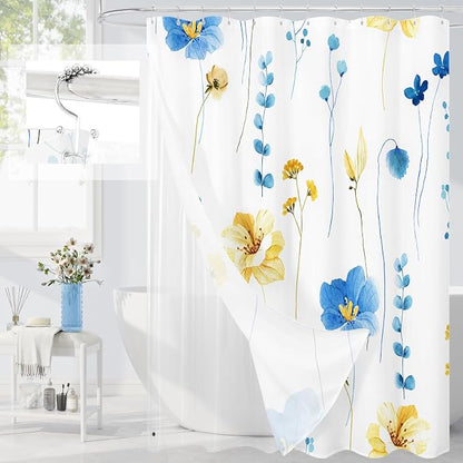 Long 3 in 1 Shower Curtain Set, 72x78 | Long 3 in 1 Shower Curtain Set, PEVA Liner Set & 12 Double Sided Steel Hooks, Waterproof Fabric Bathroom Curtain