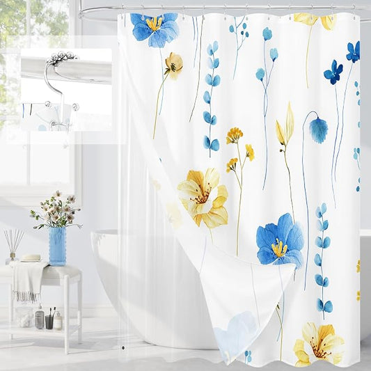 Long 3 in 1 Shower Curtain Set, 72x78 | Long 3 in 1 Shower Curtain Set, PEVA Liner Set & 12 Double Sided Steel Hooks, Waterproof Fabric Bathroom Curtain