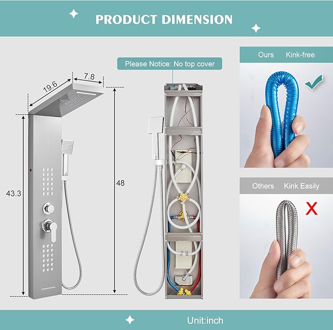LED Shower Panel Tower System with Rainfall Waterfall Shower Head, 5-in-1 Shower Tower with Powerful Body Jets, Handheld and Tub Spout, Shower Column Stainless Steel, Brushed Finish