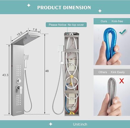 LED Shower Panel Tower System with Rainfall Waterfall Shower Head, 5-in-1 Shower Tower with Powerful Body Jets, Handheld and Tub Spout, Shower Column Stainless Steel, Brushed Finish
