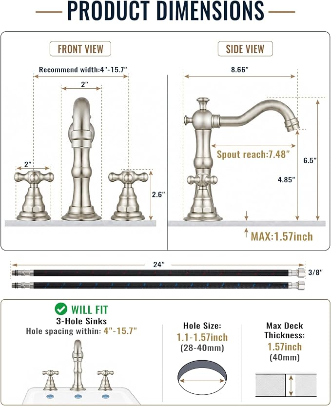 gotonovo Bathroom Faucet 3 Hole Vintage, Brushed Nickel, H C Label | Widespread Bathroom Sink Faucet 8 Inch 2 Cross Handles,Pop Up Drain,cUPC Supply Line,4-15.7” Install,for Vanity Farmhouse RV