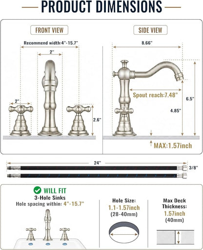 gotonovo Bathroom Faucet 3 Hole Vintage, Brushed Nickel, Script Font Label | Widespread Bathroom Sink Faucet 8 Inch 2 Cross Handles,Pop Up Drain,cUPC Supply Line,4-15.7” Install,for Vanity Farmhouse RV
