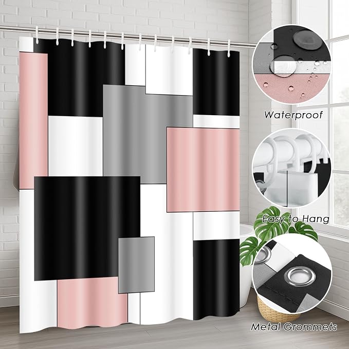 Bathroom Sets with Shower Curtain and Rugs, 4 Pcs, Geometric Pink | Checkered Modern Abstract Bathroom Decor Set with Toilet Lid Cover, Non-Slip Bath Mats and 12 Hooks