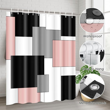 Bathroom Sets with Shower Curtain and Rugs, 4 Pcs, Geometric Pink | Checkered Modern Abstract Bathroom Decor Set with Toilet Lid Cover, Non-Slip Bath Mats and 12 Hooks
