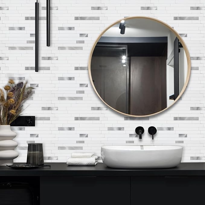 Yipscazo Peel and Stick Stone Metal Backsplash, Stick on Tiles for Backsplash Kitchen (1 Pack, Pure White)