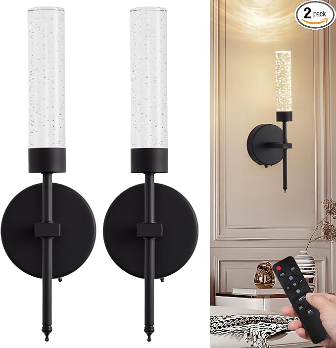 Crystal Battery Operated Wall Sconce, Modern Wireless LED Wall Sconces Set of 2 with Remote 3CCT Dimmable Timer, USB Rechargeable Cordless Wall Lights for Living Room Bedroom Bathroom Hallway, Black
