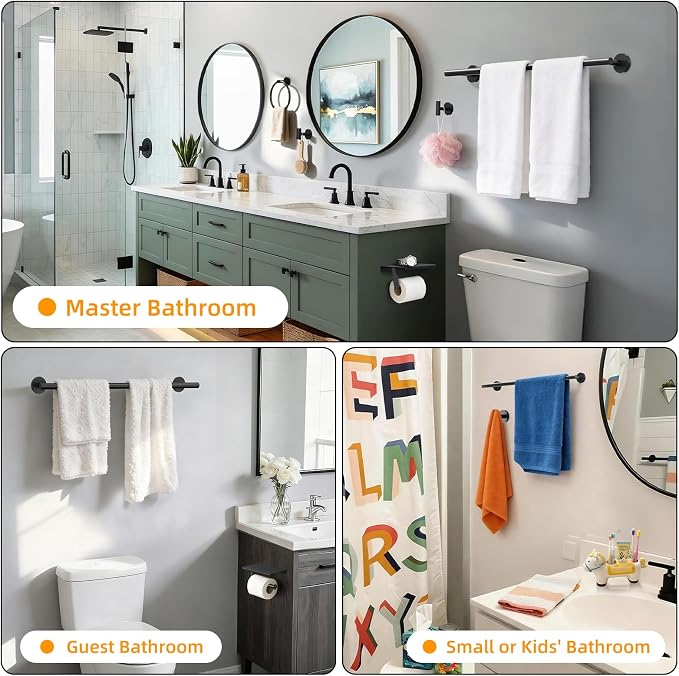 Black 5-Piece Bathroom Hardware Set, 23.6 Inch Towel Bar Set SUS304 Stainless Steel Towel Racks for Bathroom Round Towel Bar, Towel Ring, Toilet Paper Holder, 2 Robe Hooks, Wall Mounted