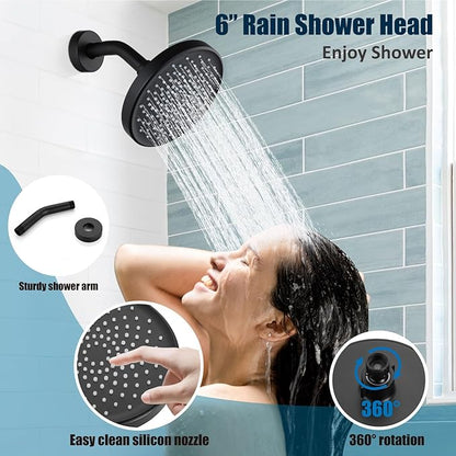 Aolemi Tub Shower Faucet Set With Valve Wall Mount Shower Trim Kit 6 Inch Bathtub Fixtures Rough-in Valve Single-Spray Shower Head System 5.3 Inch Tub Spout Matte Black Modern