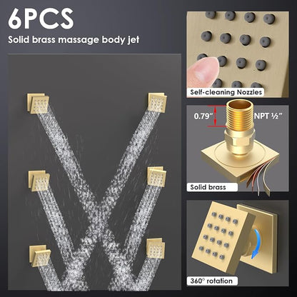 Enga Luxury Dual Shower Head System with Body Jets LED Thermostatic Shower System with 6 inch Wall Shower, 20-Inch 3 Function Shower Head (Rainfall & Mist & Waterfall), Brushed Gold