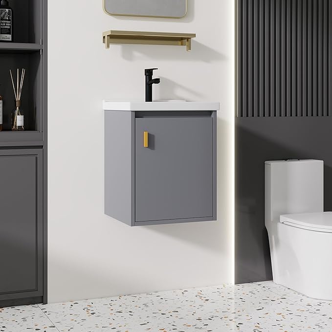 16'' Bathroom Vanity with Ceramic Sink Combo, Wall Mounted Small Bathroom Vanity with Soft-Close Door Modern Floating Cabinet, Pop-up Drain, P-Trap Included, Gray(No Faucet)