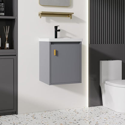 16'' Bathroom Vanity with Ceramic Sink Combo, Wall Mounted Small Bathroom Vanity with Soft-Close Door Modern Floating Cabinet, Pop-up Drain, P-Trap Included, Gray(No Faucet)