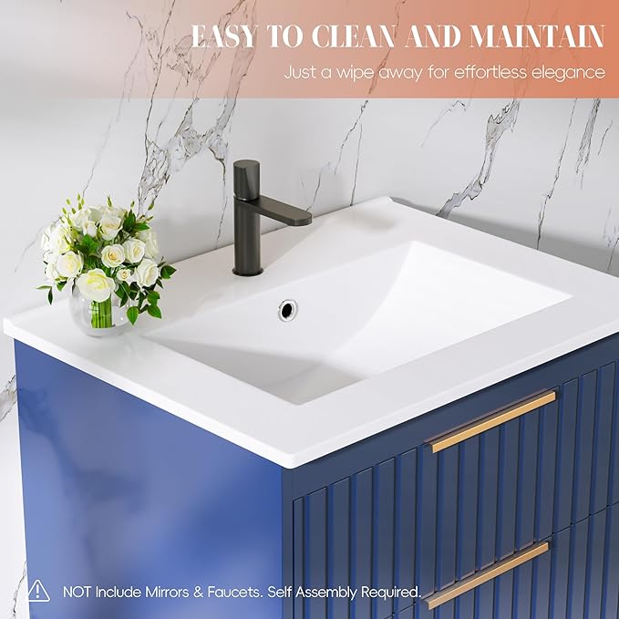 24" Bathroom Vanity with Sink, Floating Vanity Bathroom Sink Cabinet Wall Mount, Soft-Close Function 2 Large Drawers, Grooved Stripe Design, Hidden Damping Drawers, Blue