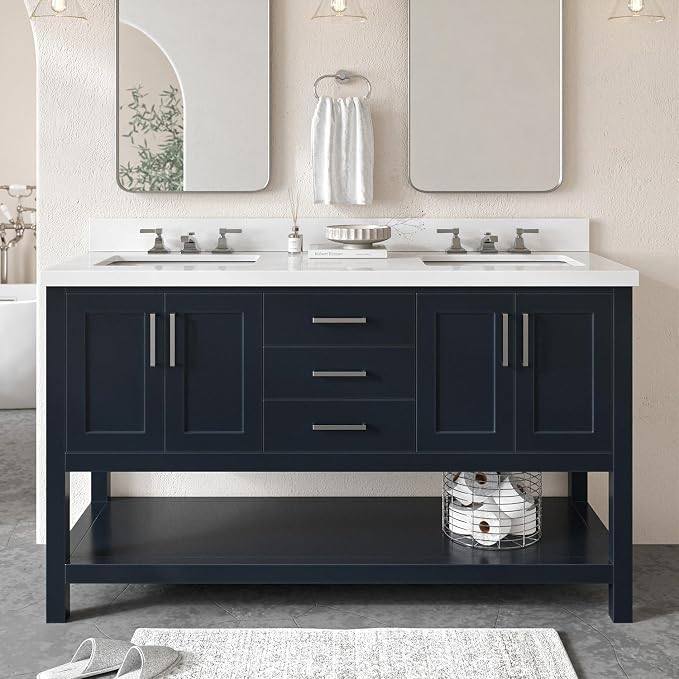 ARIEL Magnolia 60-inch Bathroom Vanity with Sink,Solid Wood, 1.5-inch Pure White Quartz Countertop, Double Rectangular Porcelain Sink, 4 Soft Closing Doors, 3 Dovetail Drawers, Midnight Blue