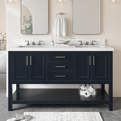 ARIEL Magnolia 60-inch Bathroom Vanity with Sink,Solid Wood, 1.5-inch Pure White Quartz Countertop, Double Rectangular Porcelain Sink, 4 Soft Closing Doors, 3 Dovetail Drawers, Midnight Blue