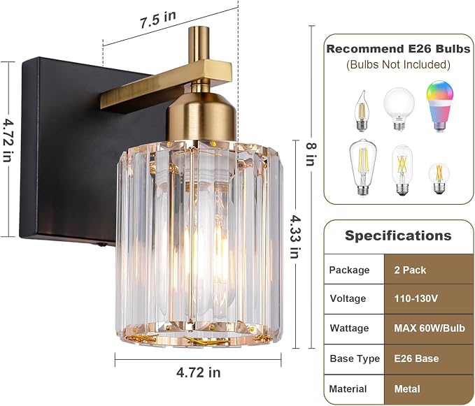 Black Gold Wall Sconces Set of 2: Modern Vanity Lights with Crystal Glass Shade, Bathroom Sconces Set of Two, Crystal Wall Light Fixtures for Bath Mirror Living Room Bedroom Hallway Kitchen, E26 Base