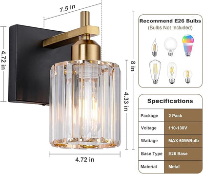 Black Gold Wall Sconces Set of 2: Modern Vanity Lights with Crystal Glass Shade, Bathroom Sconces Set of Two, Crystal Wall Light Fixtures for Bath Mirror Living Room Bedroom Hallway Kitchen, E26 Base