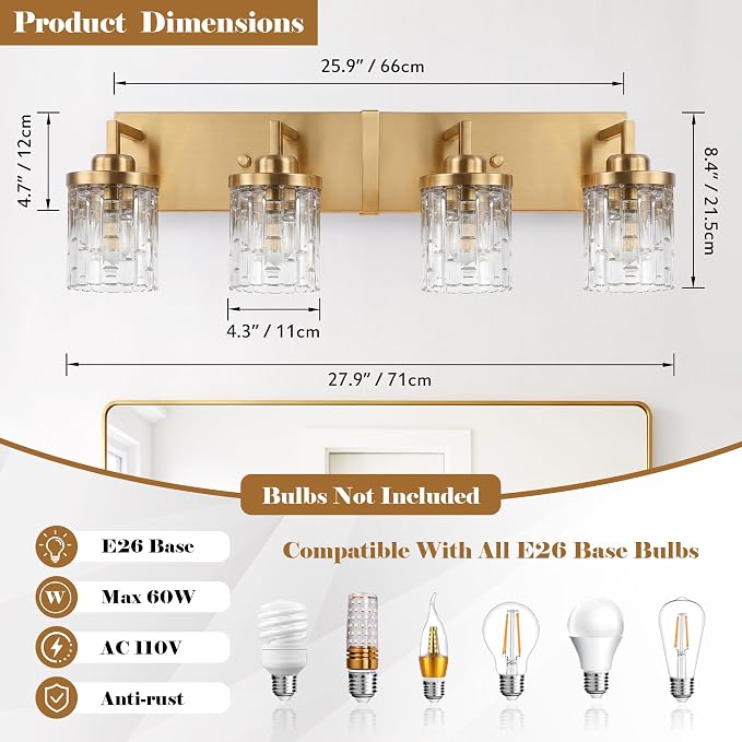 maesta Gold Bathroom Light Fixture,4 Light Modern Vanity Light Over Mirror | Modern Vanity Light, Gold Metal & Crystal Glass Fixture, Anti-Rust, Easy to Install for Bathroom Hallway Bedroom Entryway