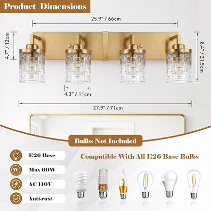 maesta Gold Bathroom Light Fixture,4 Light Modern Vanity Light Over Mirror | Modern Vanity Light, Gold Metal & Crystal Glass Fixture, Anti-Rust, Easy to Install for Bathroom Hallway Bedroom Entryway
