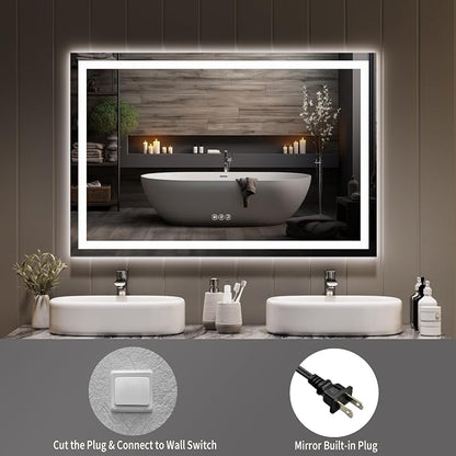 LED Bathroom Mirror 45 x 30 inch, Lighted Bathroom Vanity Mirror with Front Light and Backlit Ambient Light, Frameless Wall Mounted Mirror with Adjustable Color Temperature, 5mm HD Glass