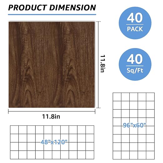 40 Sheet Vinyl Flooring 12 x 12 Peel and Stick Floor Tile Waterproof Dark Wood Vinyl Floor Tiles Clearance Self Adhesive Floor Tiles Sticky Laminate Flooring Stick on Bathroom Kitchen Basement
