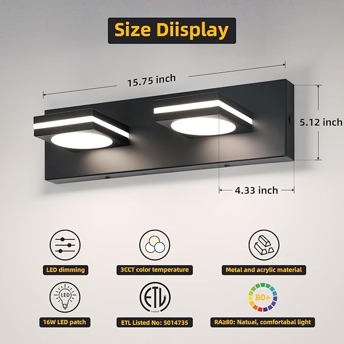 OKELI 2-Light LED Bathroom Vanity Light Fixtures (2 Pack), Matte Black Modern Bathroom Wall Lighting Fixtures Over Mirror (3CCT, 3000K-6000K)
