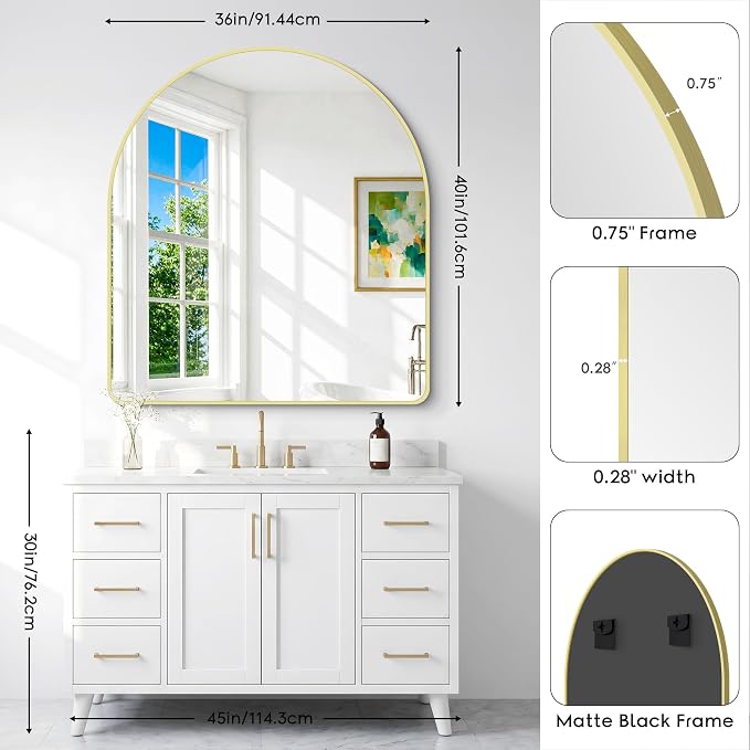 BONEWEI Arched Wall Mirror,36x40 inch Gold Arched Mirror Bathroom,Vanity Mirror for Over Sink Metal Frame,Tempered Glass Arch Mirrors for Bedroom,Entryway,Living Room,Home Decor Shatter-Proof