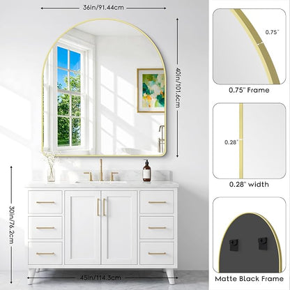 BONEWEI Arched Wall Mirror,36x40 inch Gold Arched Mirror Bathroom,Vanity Mirror for Over Sink Metal Frame,Tempered Glass Arch Mirrors for Bedroom,Entryway,Living Room,Home Decor Shatter-Proof