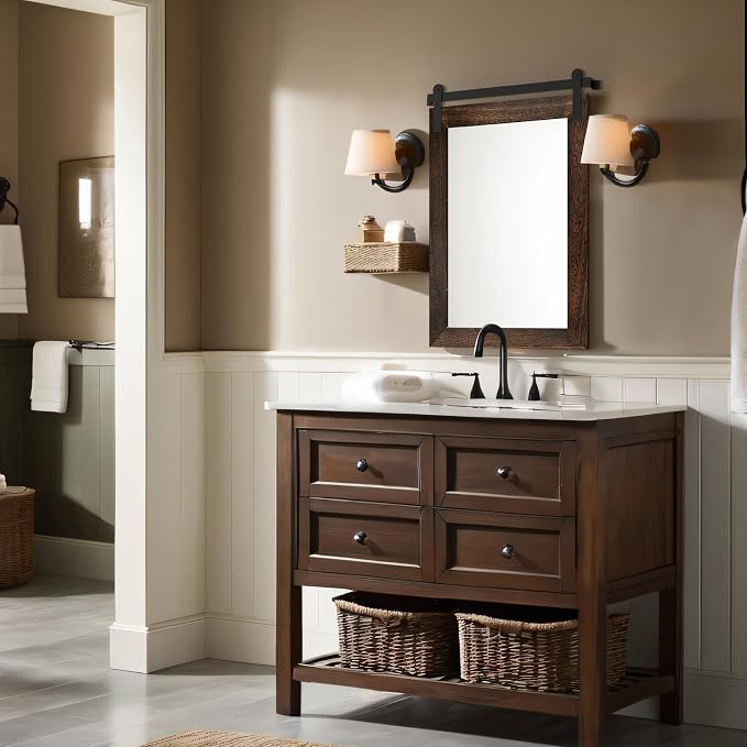 COGOOD Farmhouse Bathroom Mirrors for Over Sink - 30 x 22 Black Brown | Rustic Barn Door Wood Framed Vanity Mirror for Entryway, Living Room, Bedroom, Dresser Wall Decor
